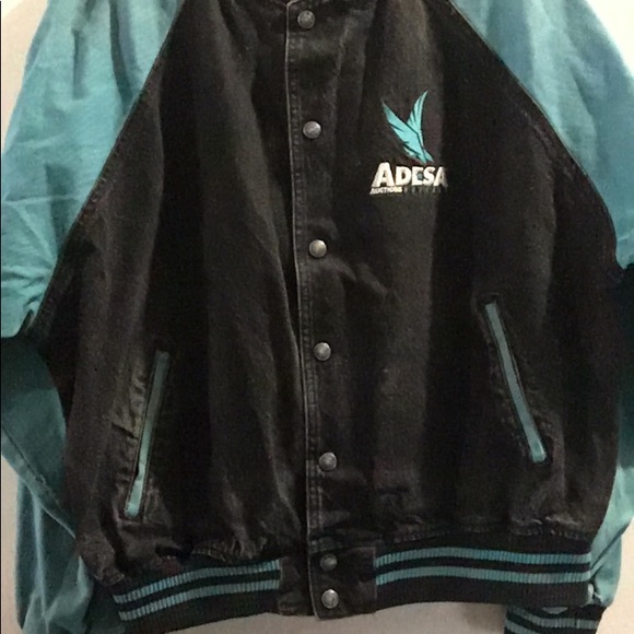 Teal and black denim varsity jacket - Picture 1 of 4